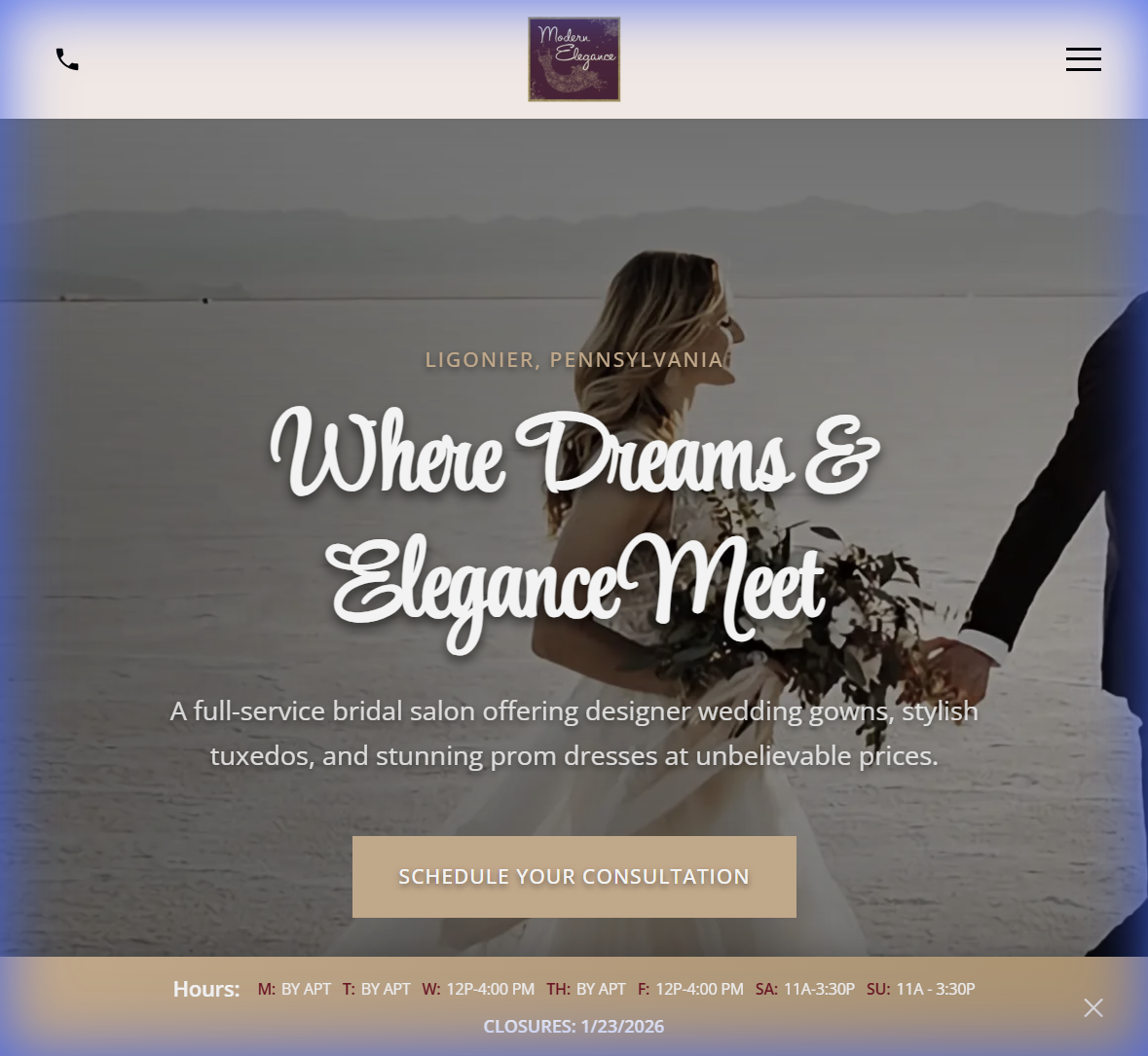 Screenshot of Modern Elegance Formal Wear website.